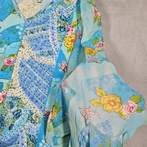 Ulla Popken Top Womens 20/22 Blue Art To Wear Beaded Patchwork Beachy Preppy - Picture 5 of 13